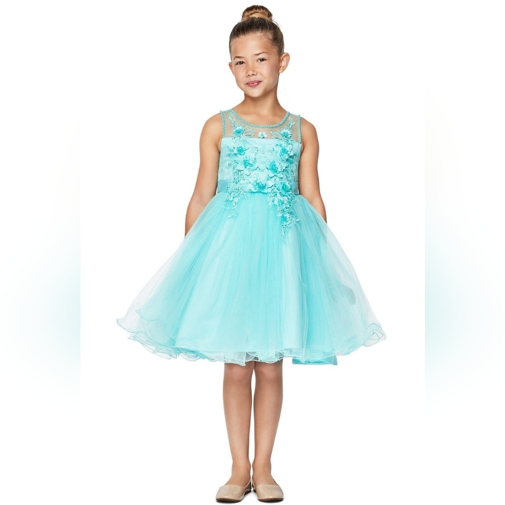 Girls Short Illusion Dress with 3D Flowers